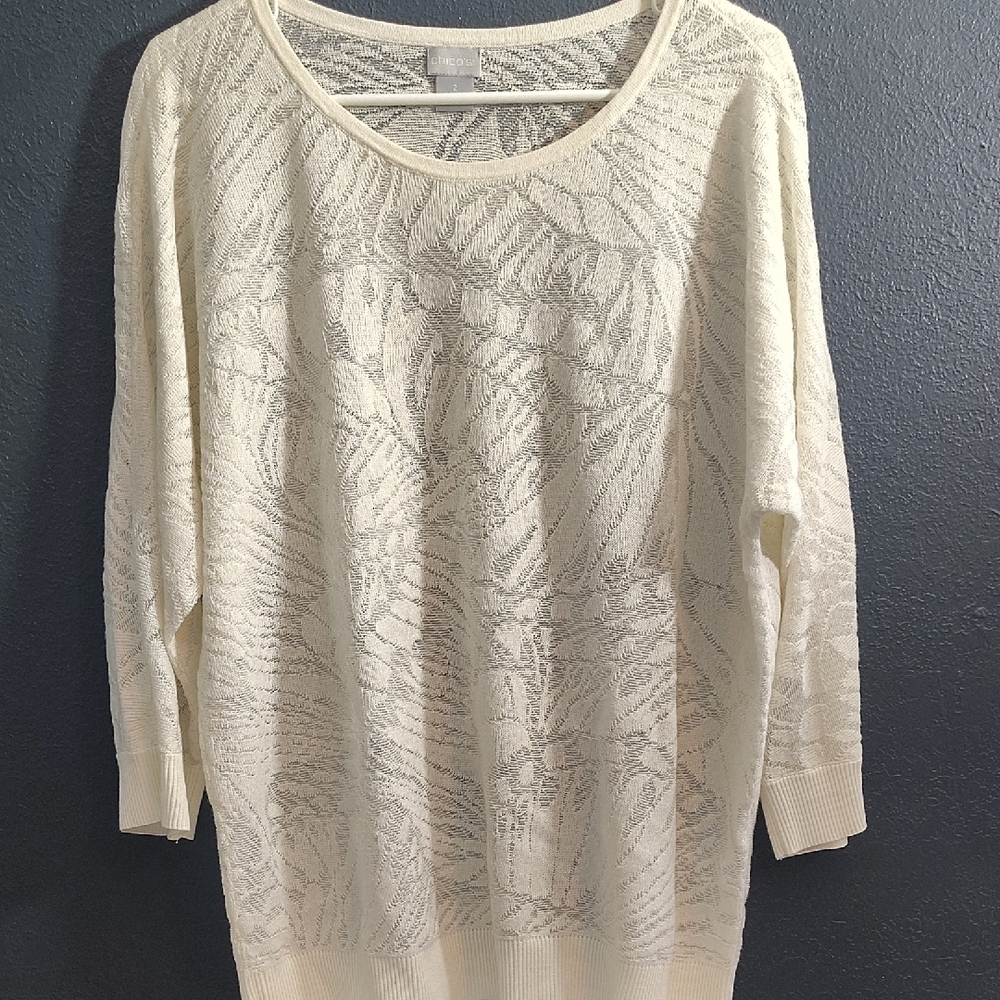 Chico's Ivory Textured Sheer 3/4 Sleeve Knit Lightweight Sweater